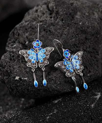 Vintage Boutique Blue Sterling Silver Butterfly Plum Blossom Tassel Drop Earrings QJ026