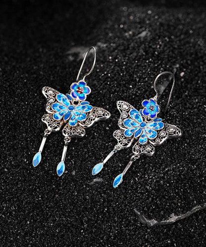 Vintage Boutique Blue Sterling Silver Butterfly Plum Blossom Tassel Drop Earrings QJ026
