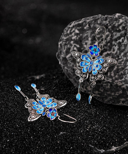 Vintage Boutique Blue Sterling Silver Butterfly Plum Blossom Tassel Drop Earrings QJ026