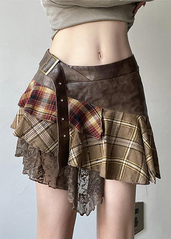 Vintage Patchwork Skirts Lace Faux Asymmetrical Brown Leather