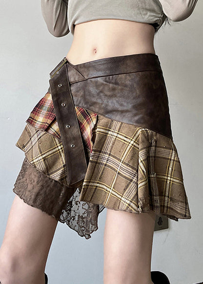 Vintage Patchwork Skirts Lace Faux Asymmetrical Brown Leather