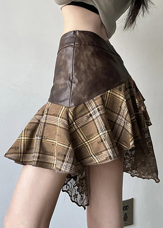 Vintage Patchwork Skirts Lace Faux Asymmetrical Brown Leather