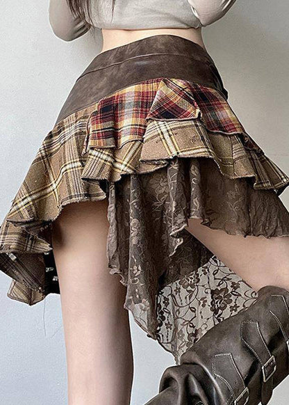 Vintage Patchwork Skirts Lace Faux Asymmetrical Brown Leather