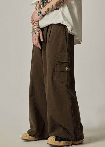 Pockets Drawstring Pants Vintage Brown Wide Leg Mens Cotton