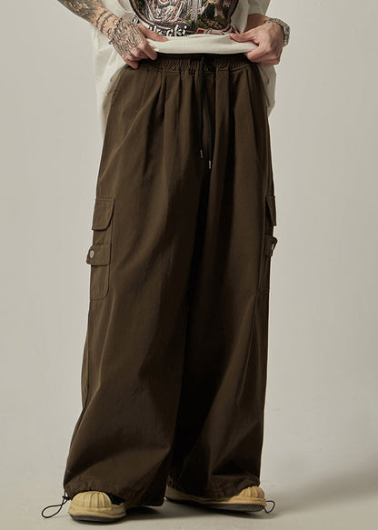 Pockets Drawstring Pants Vintage Brown Wide Leg Mens Cotton