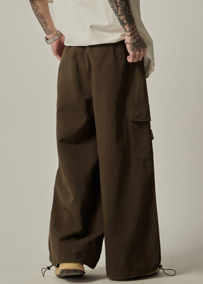 Pockets Drawstring Pants Vintage Brown Wide Leg Mens Cotton