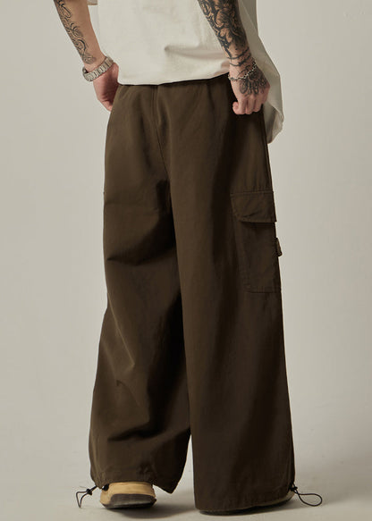Pockets Drawstring Pants Vintage Brown Wide Leg Mens Cotton