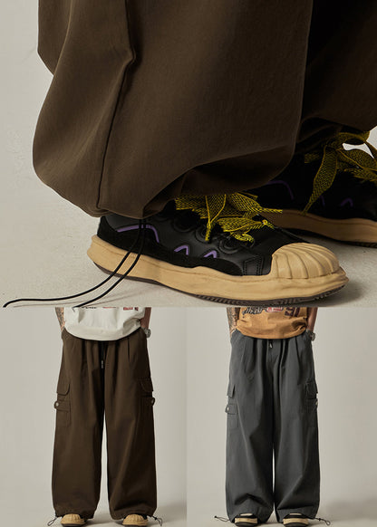 Pockets Drawstring Pants Vintage Brown Wide Leg Mens Cotton