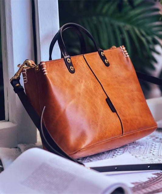 Leather Durable Tote Large Brown Handbag Vintage