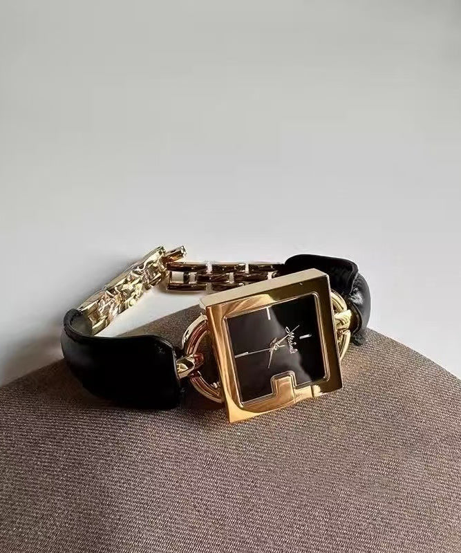 Leather Quartz Movement Patchwork Square Vintage Brown Chain Gold