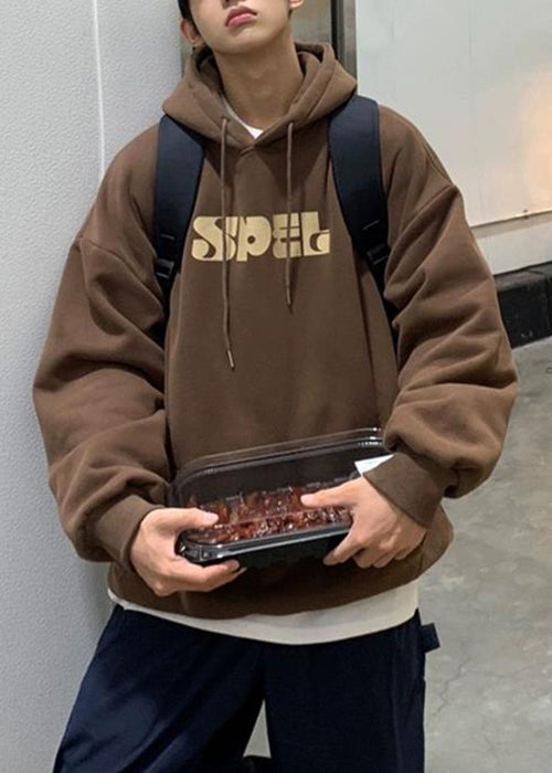 Vintage Brown Hooded Print Lace Up Cotton Men Sweatshirt Spring YQ026