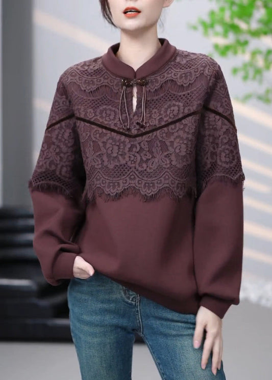 Vintage Brown Lace Patchwork Cotton Sweatshirt Winter RL001