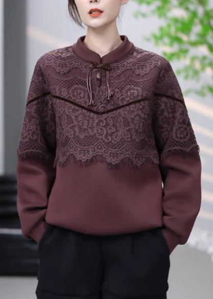 Vintage Brown Lace Patchwork Cotton Sweatshirt Winter RL001
