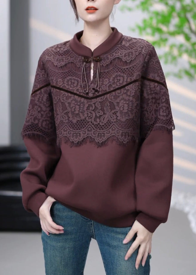 Vintage Brown Lace Patchwork Cotton Sweatshirt Winter RL001