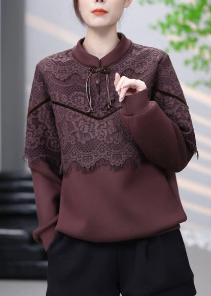 Vintage Brown Lace Patchwork Cotton Sweatshirt Winter RL001