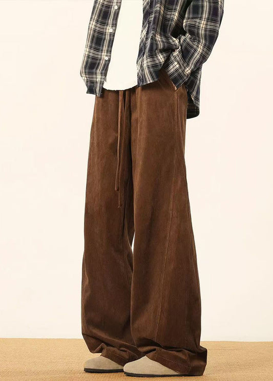 Vintage Brown Lace Up Solid Corduroy Pants Men Spring RM062