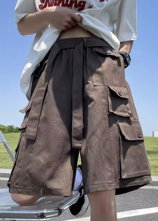 Cotton Shorts Waist Summer Vintage Pockets Brown Mens Elastic