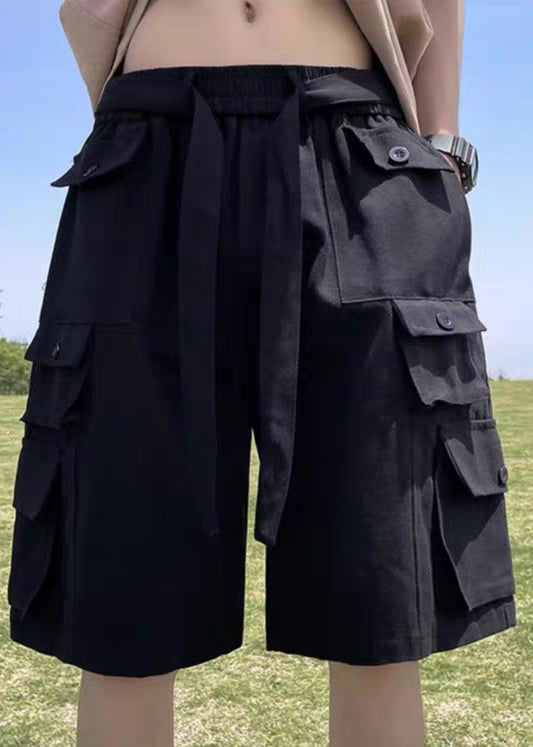 Cotton Shorts Waist Summer Vintage Pockets Brown Mens Elastic