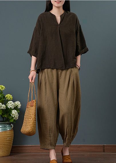 Pieces Neck Chocolate Vintage Two Summer V Linen Set