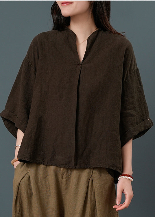 Pieces Neck Chocolate Vintage Two Summer V Linen Set