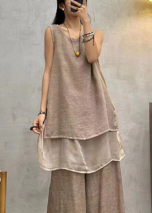 Vintage Coffee O Neck Solid Patchwork Cotton Tops Sleeveless AU1042