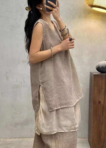 Vintage Coffee O Neck Solid Patchwork Cotton Tops Sleeveless AU1042