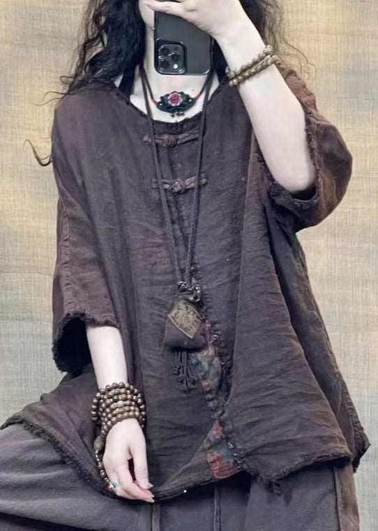 Vintage Coffee O Neck Solid Patchwork Linen Shirts Bracelet Sleeve VV081