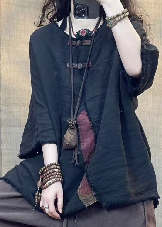 Vintage Coffee O Neck Solid Patchwork Linen Shirts Bracelet Sleeve VV081