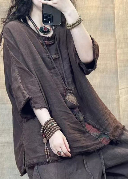 Vintage Coffee O Neck Solid Patchwork Linen Shirts Bracelet Sleeve VV081