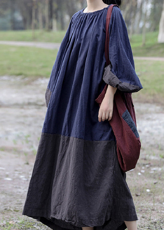 Vintage Colorblock Cinched Patchwork Maxi Dresses Long Sleeve VB1005