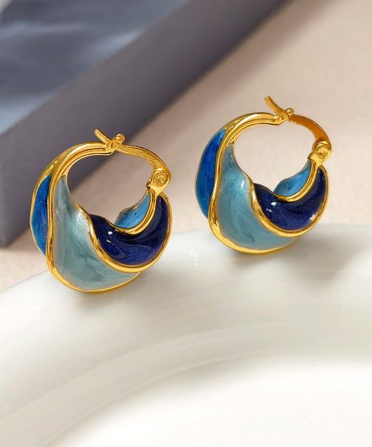 Vintage Colorblock Copper Overgild Drip Glaze Spiral Pattern Hoop Earrings ET021