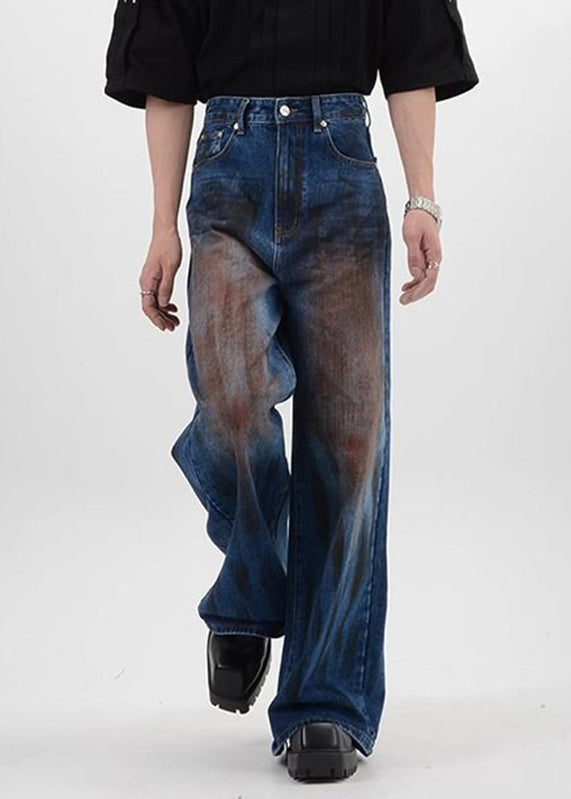 Vintage Denim Blue Patchwork High Waist Mens Pants SA016