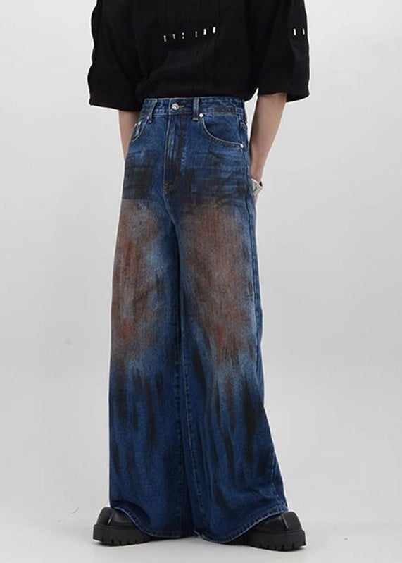 Vintage Denim Blue Patchwork High Waist Mens Pants SA016