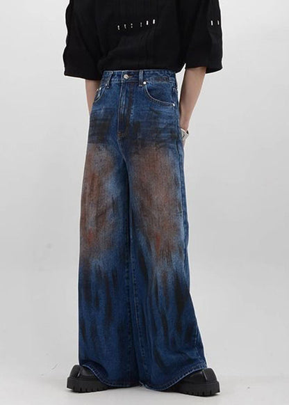 Vintage Denim Blue Patchwork High Waist Mens Pants SA016