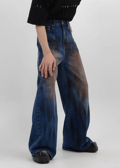 Vintage Denim Blue Patchwork High Waist Mens Pants SA016