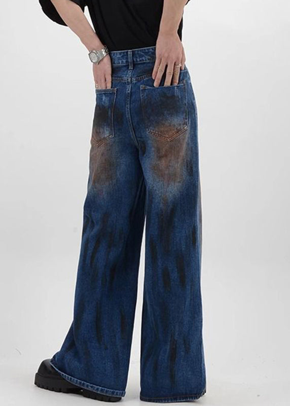 Vintage Denim Blue Patchwork High Waist Mens Pants SA016