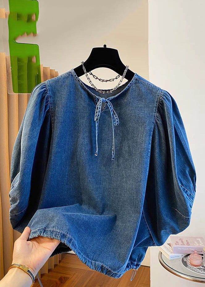 Vintage Denim Blue Patchwork Tie Lace Tops Summer TR004