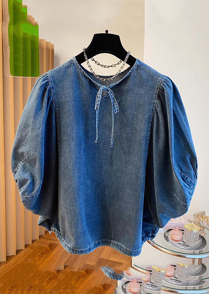 Vintage Denim Blue Patchwork Tie Lace Tops Summer TR004