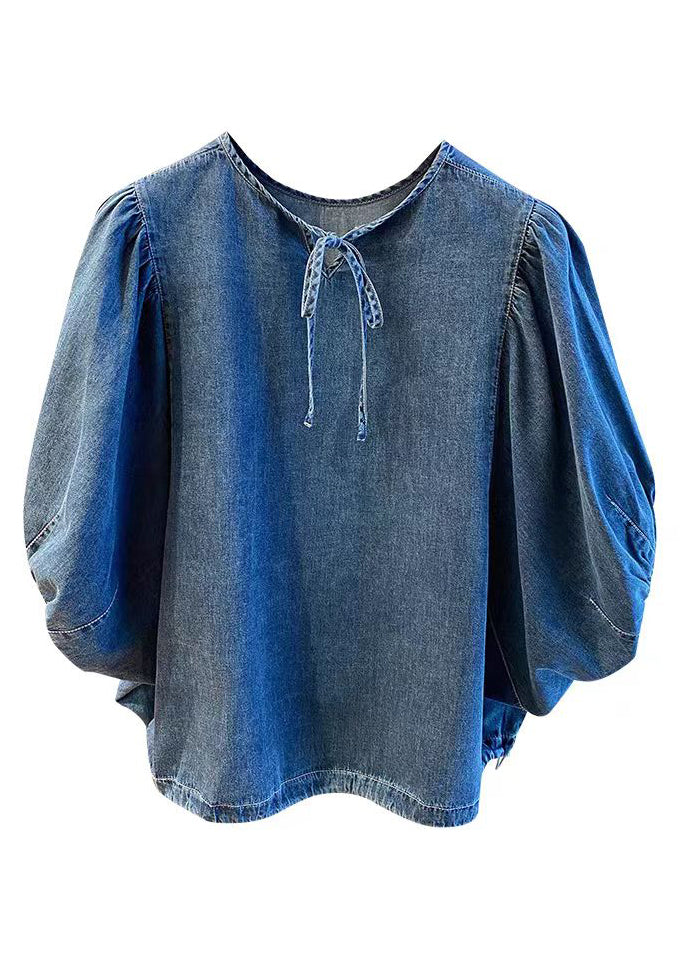 Vintage Denim Blue Patchwork Tie Lace Tops Summer TR004
