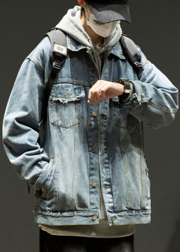 Mens Pan Spring Coats TC040 Button Denim Collar Blue Vintage Pockets Peter