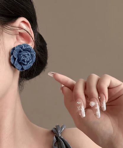 Stud Silver Earrings Denim Blue Floral Sterling Vintage