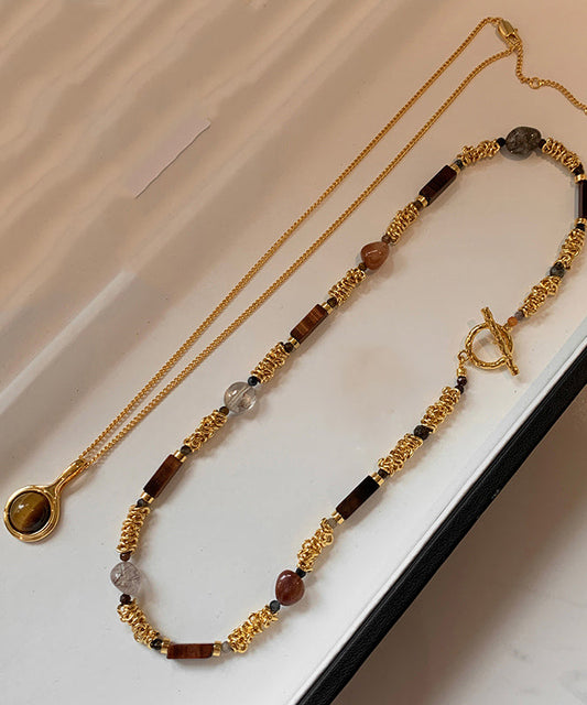 Vintage Set Beads Tiger's-Eye Overgild Two-Piece Copper Gold