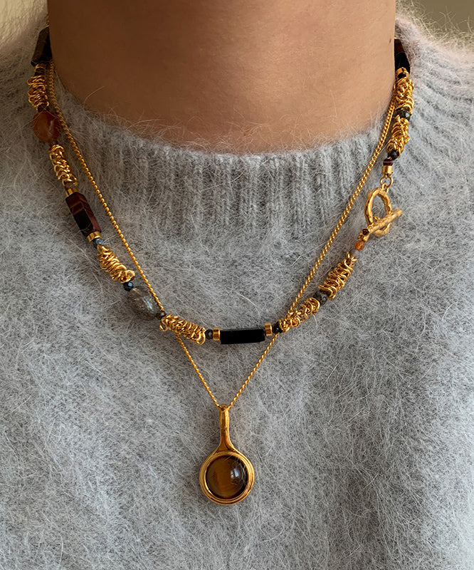 Vintage Set Beads Tiger's-Eye Overgild Two-Piece Copper Gold