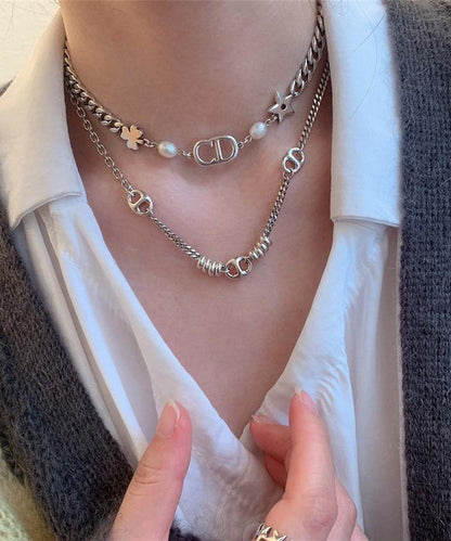 Vintage Gold Stainless Steel Chain Linked Patchwork Pendant Necklace PO005