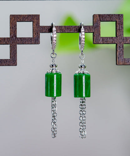 Vintage Gold Sterling Silver Overgild Inlaid Jade Tassel Drop Earrings KX1011