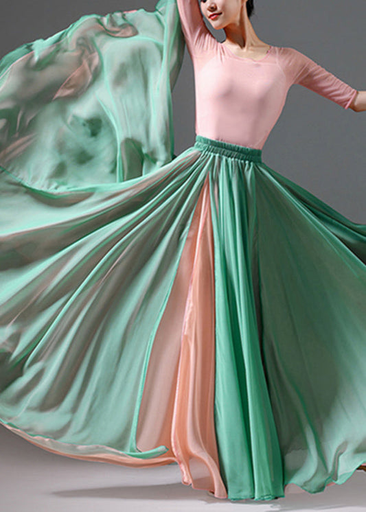 Patchwork Vintage Silk Skirt Grass Summer Green Waist High Maxi