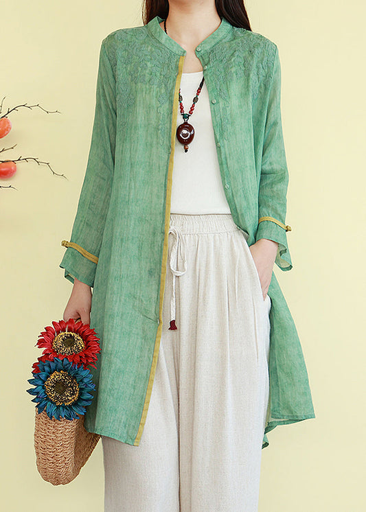 Vintage Linen Thin Button Blouses Patchwork Green