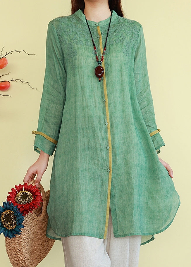Vintage Linen Thin Button Blouses Patchwork Green