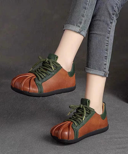 Flat Lace Green Up Cowhide Leather Splicing Vintage Shoes