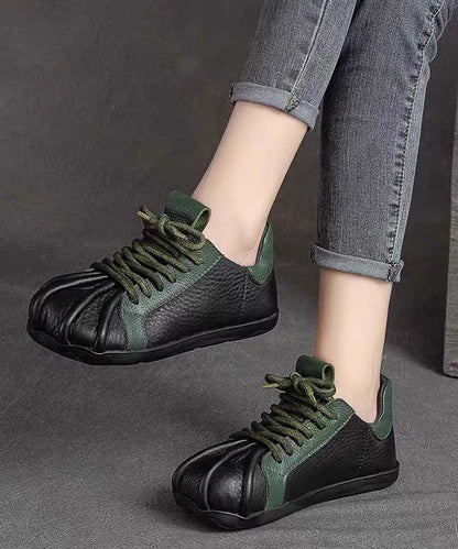 Flat Lace Green Up Cowhide Leather Splicing Vintage Shoes